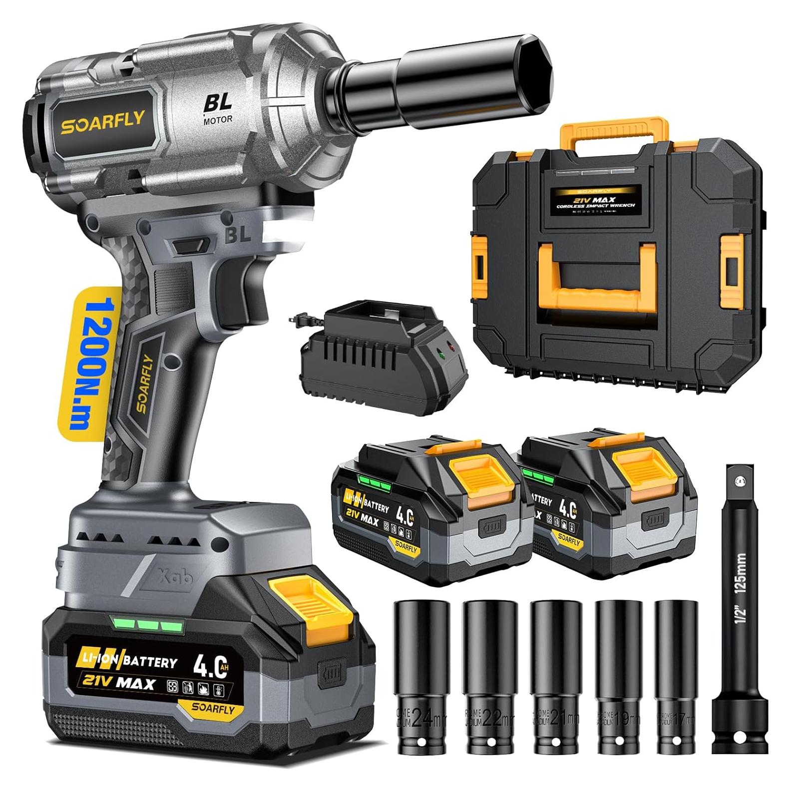 Llave de impacto inalámbrica SOARFLY 21V 1200Nm con 2 baterías