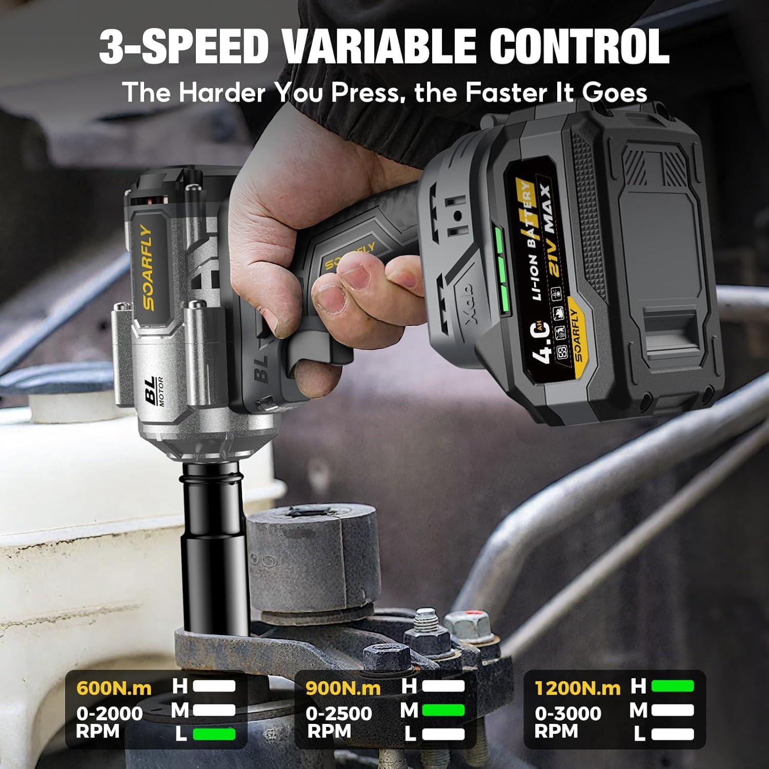 Llave de impacto inalámbrica SOARFLY 21V 1200Nm con 2 baterías