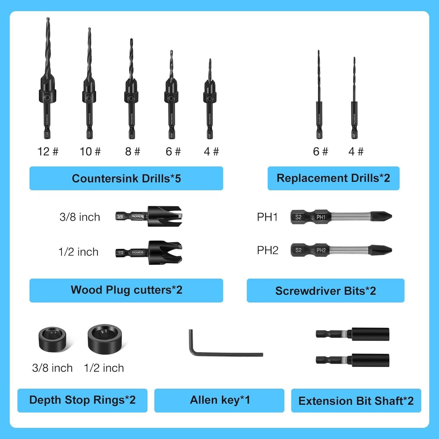Juego de Brocas Avellanadas para Madera 16 PCS FACAINCXS