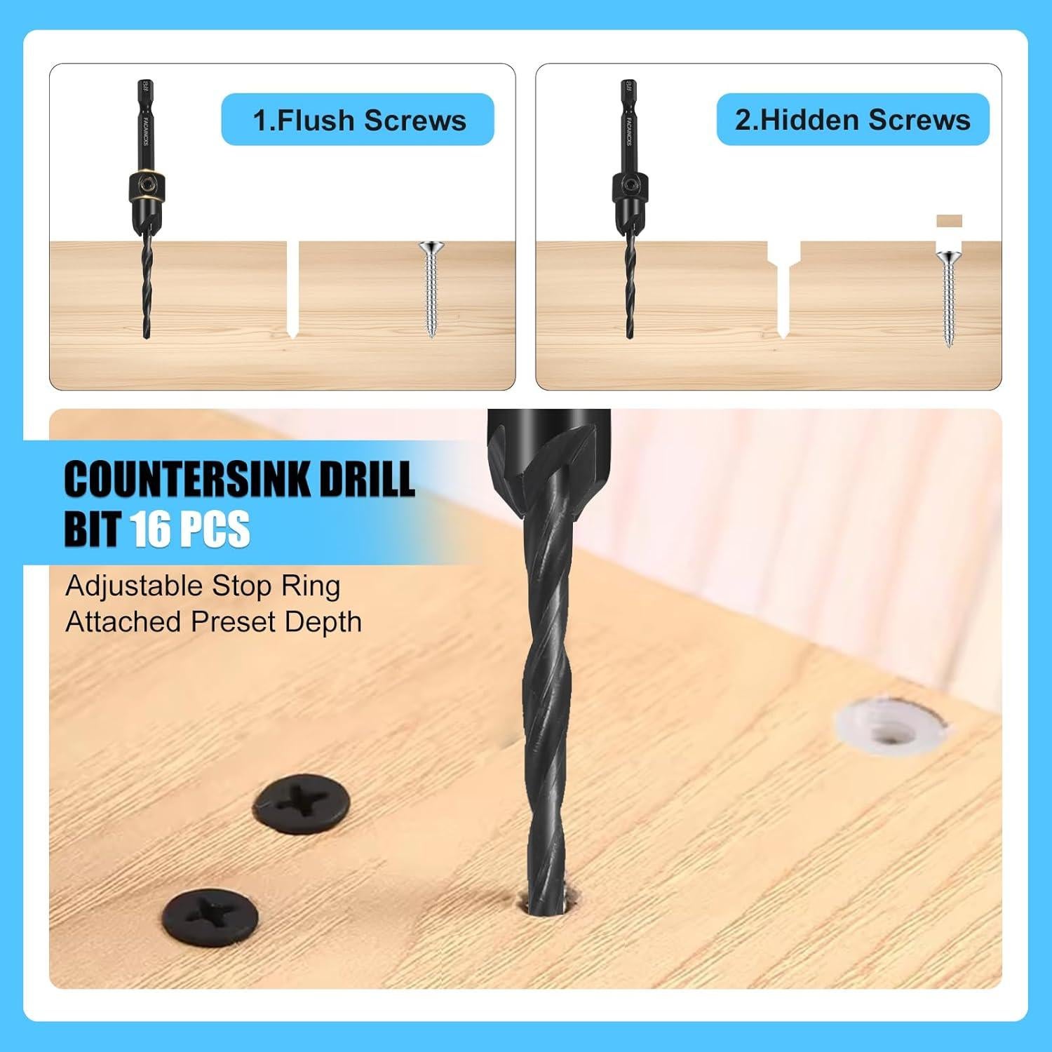 Juego de Brocas Avellanadas para Madera 16 PCS FACAINCXS