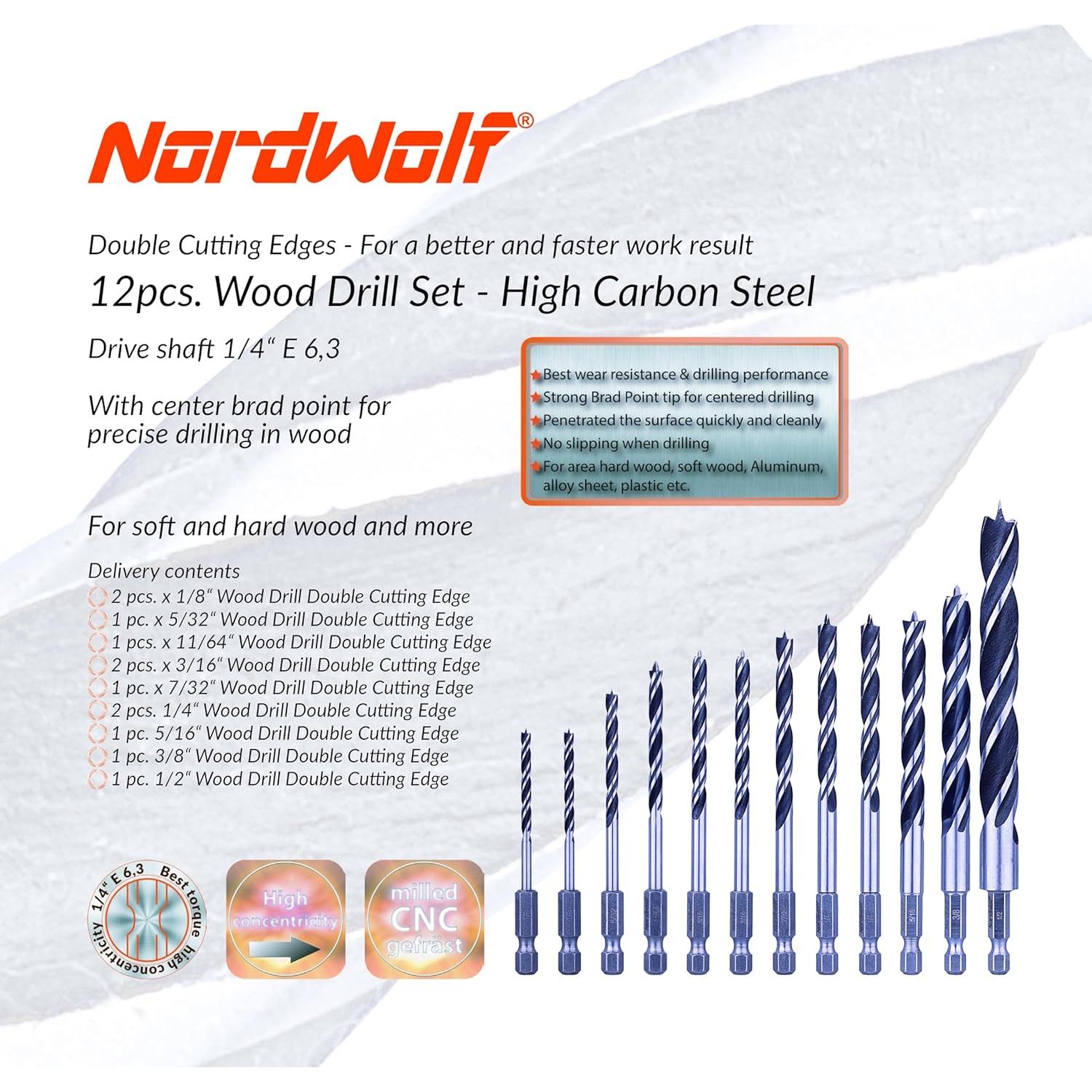 Conjunto de Brocas de Punta Brad 12 Piezas NordWolf 3.18 a 12.7 mm