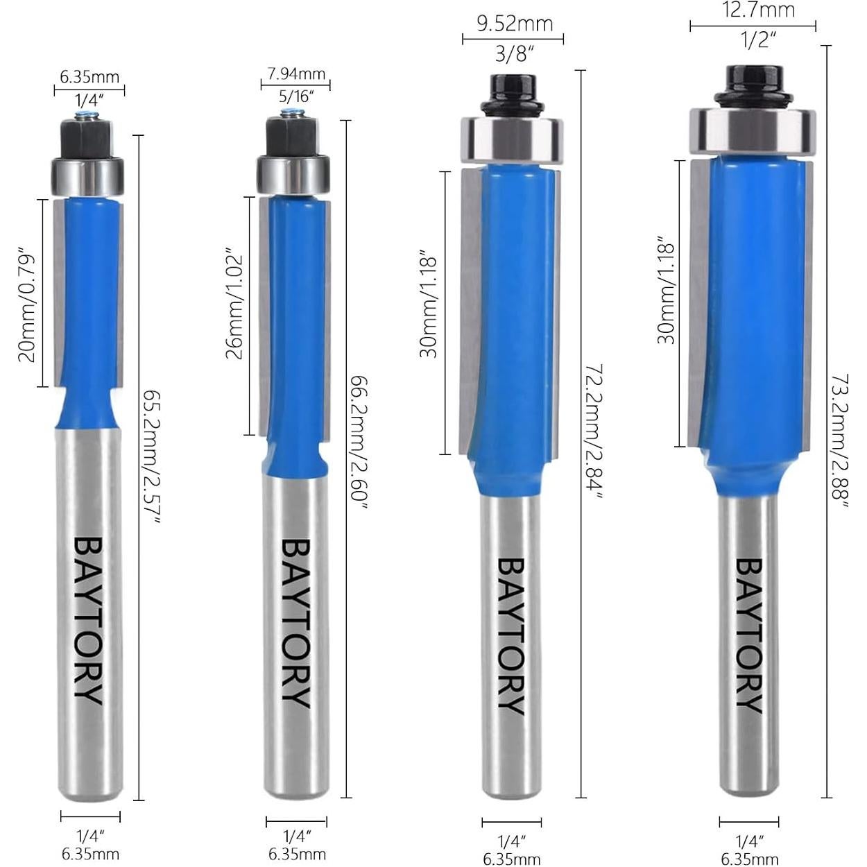 Juego de 4 Bits de Fresadora de Borde Recto BAYTORY 6.35-12.7 mm