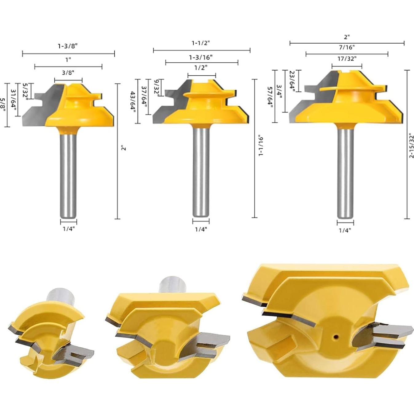 Juego de 3 Fresas de Miter Lock 45° Ozmatip 1/4" (0.64 cm)