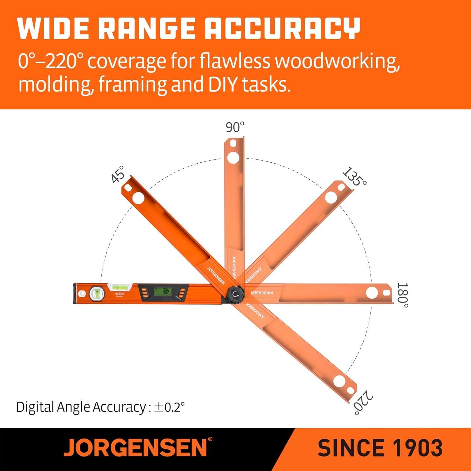 JORGENSEN Digital Angle Finder, Multi Angle Finder Tool with Backlit LCD, Protractor Digital Level with Horizontal & Vertical Bubble
