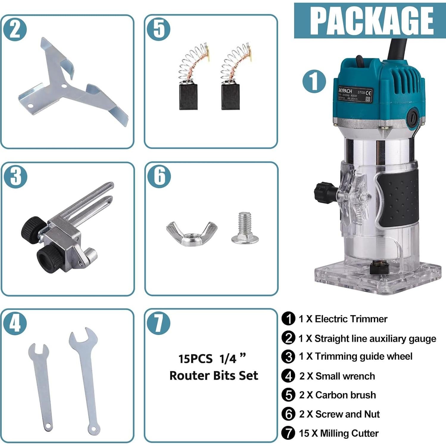 Fresadora de Madera AKYPACH 800W + 15 Brocas 1/4"