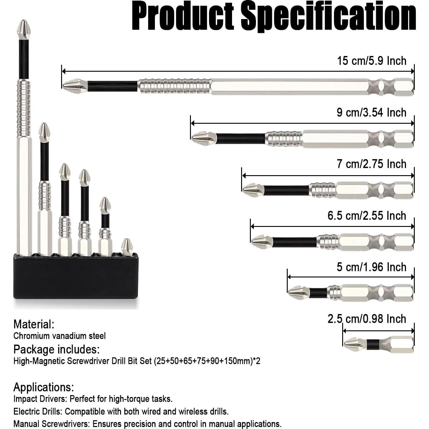 Juego de Puntas Magnéticas de Acero Vanadio 12 Piezas 25-150mm