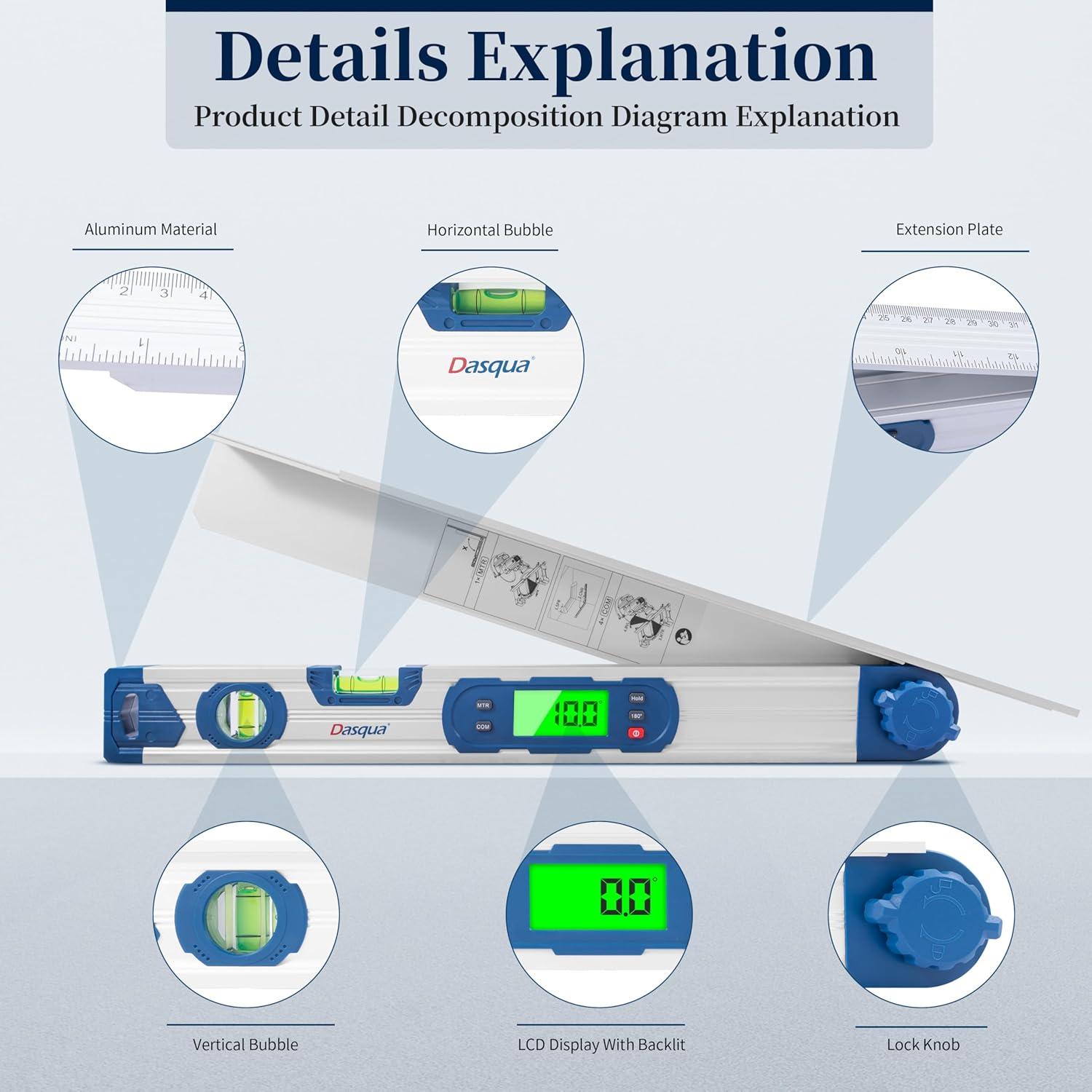 Medidor de Ángulo Digital 4-en-1 Dasqua Protractor 0-220°