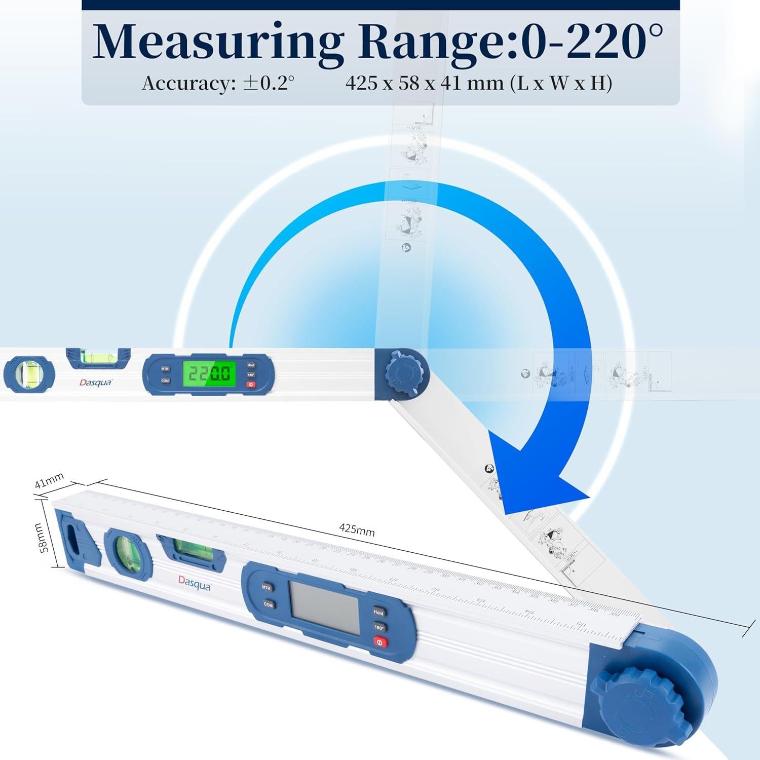 Medidor de Ángulo Digital 4-en-1 Dasqua Protractor 0-220°