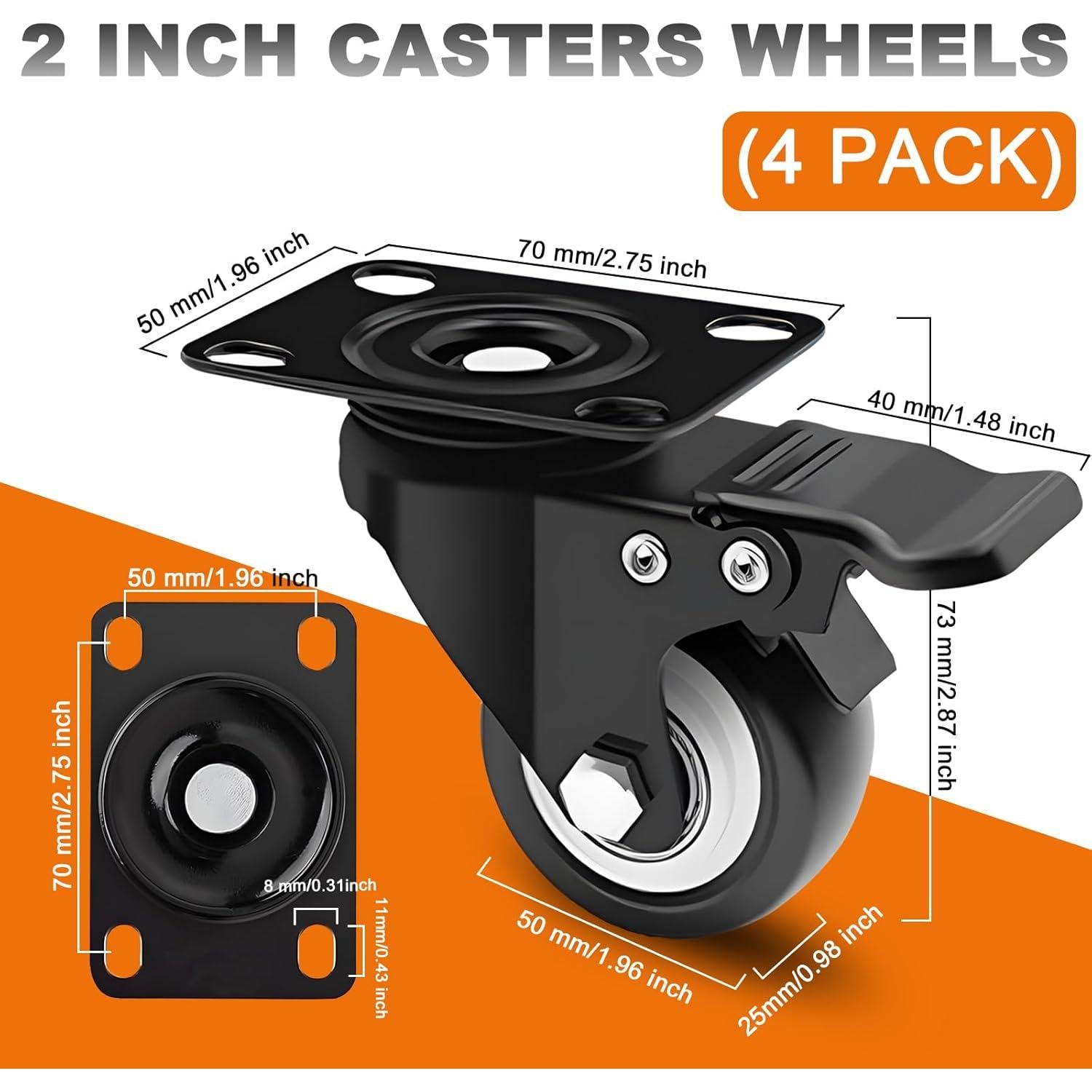 Ruedas de Caster 2" MSH&HCE con Bloqueo - 272kg, Juego de 4