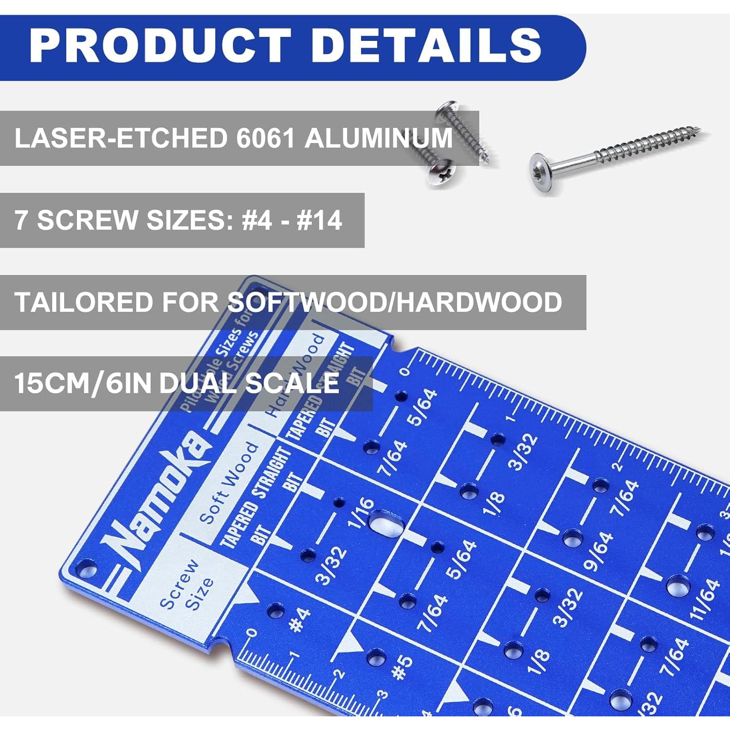 Tabla de Tamaños de Tornillos y Medidor de Brocas Namoka 15cm