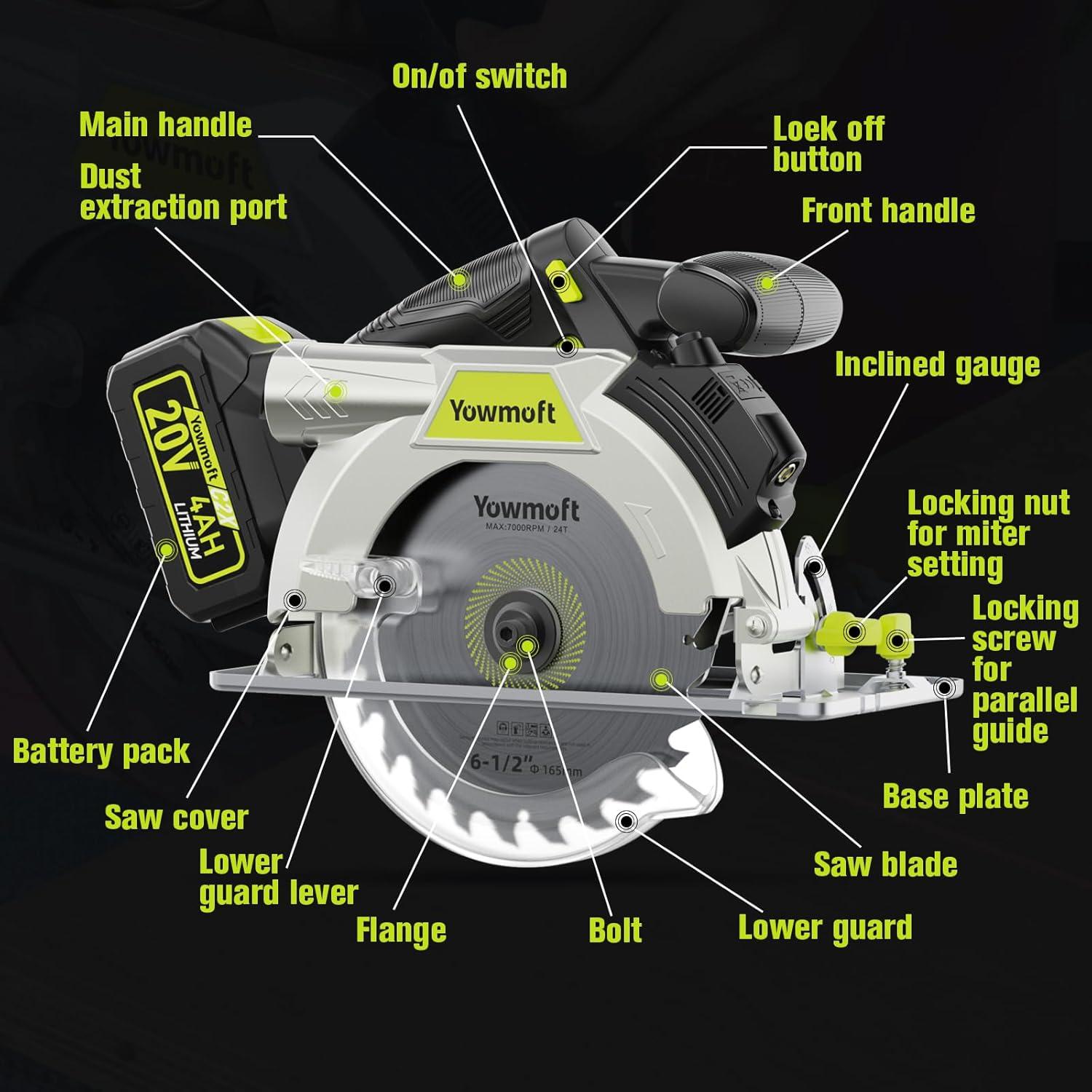 Sierra Circular Inalámbrica YOWMOFT 20V 6.5" Sin Escobillas