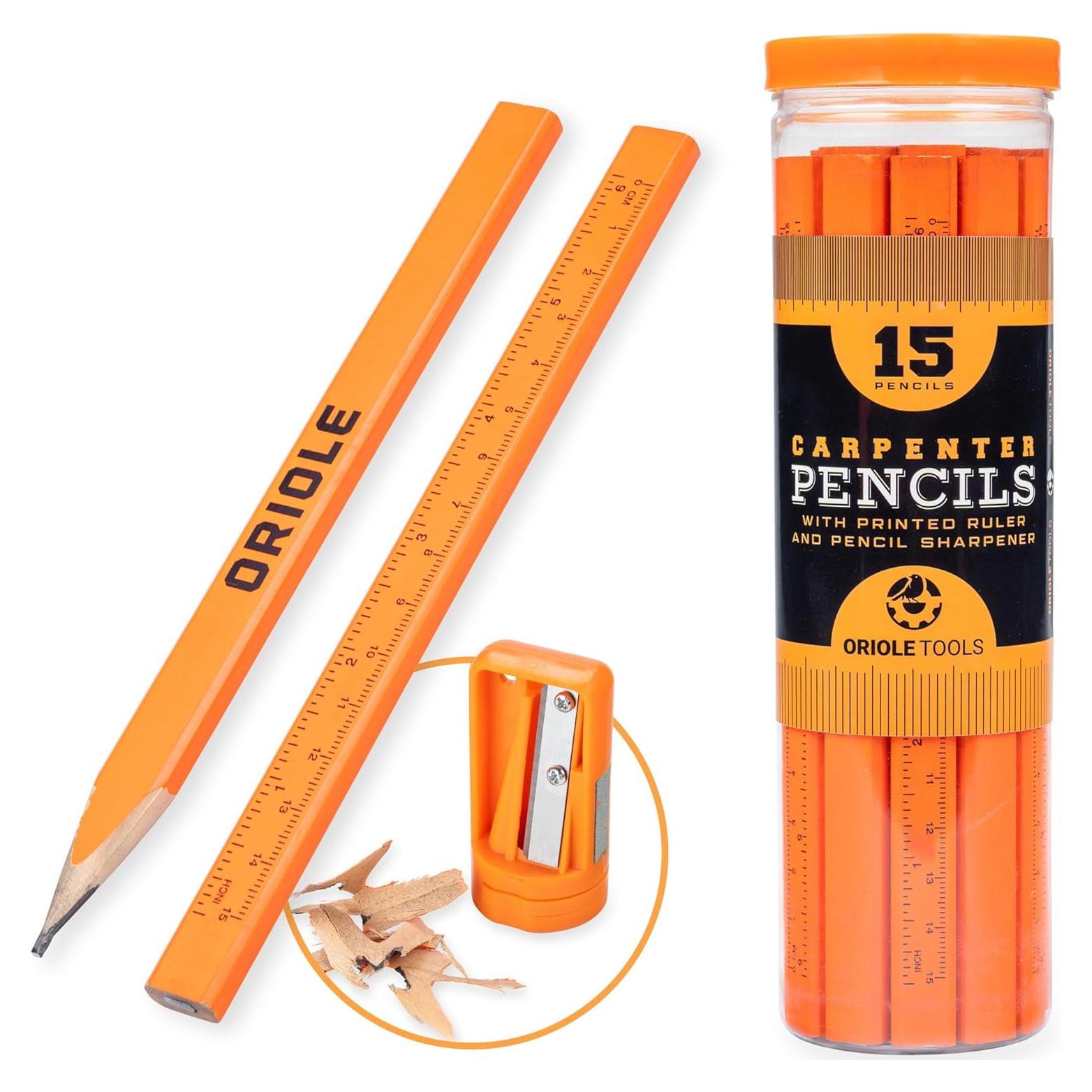Kit de Lápices de Carpintero Oriole Tools - 15 Lápices Planos, Sacapuntas y Contenedor