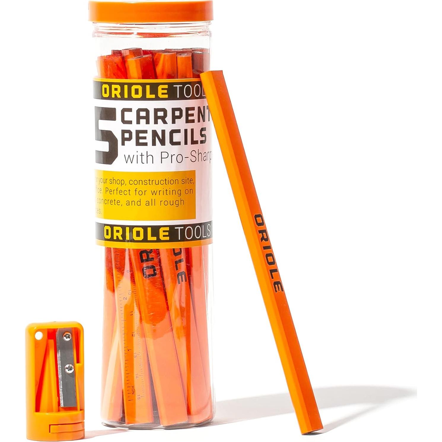 Kit de Lápices de Carpintero Oriole Tools - 15 Lápices Planos, Sacapuntas y Contenedor