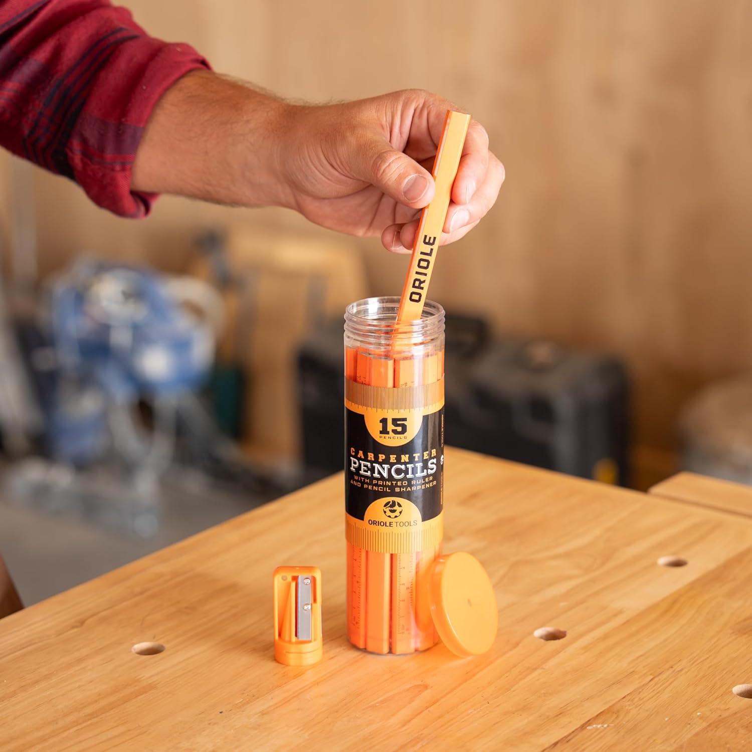 Kit de Lápices de Carpintero Oriole Tools - 15 Lápices Planos, Sacapuntas y Contenedor