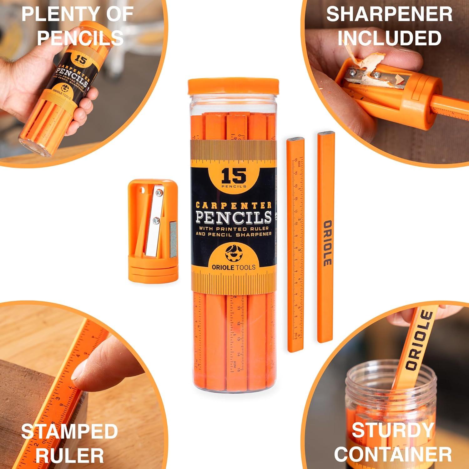 Kit de Lápices de Carpintero Oriole Tools - 15 Lápices Planos, Sacapuntas y Contenedor
