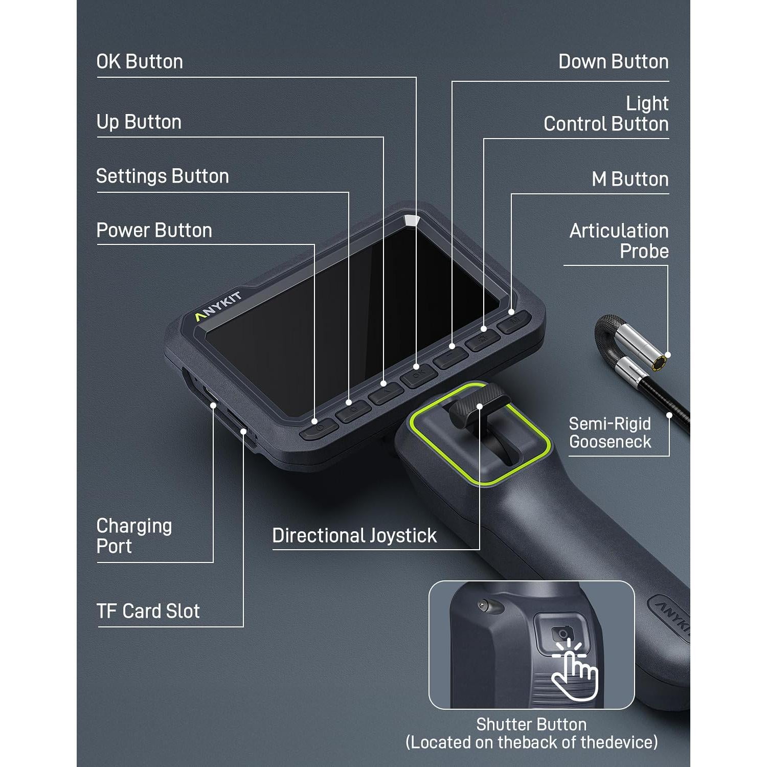 Cámara Borescope Anykit 4.3" HD Articulada 210° 1.2m