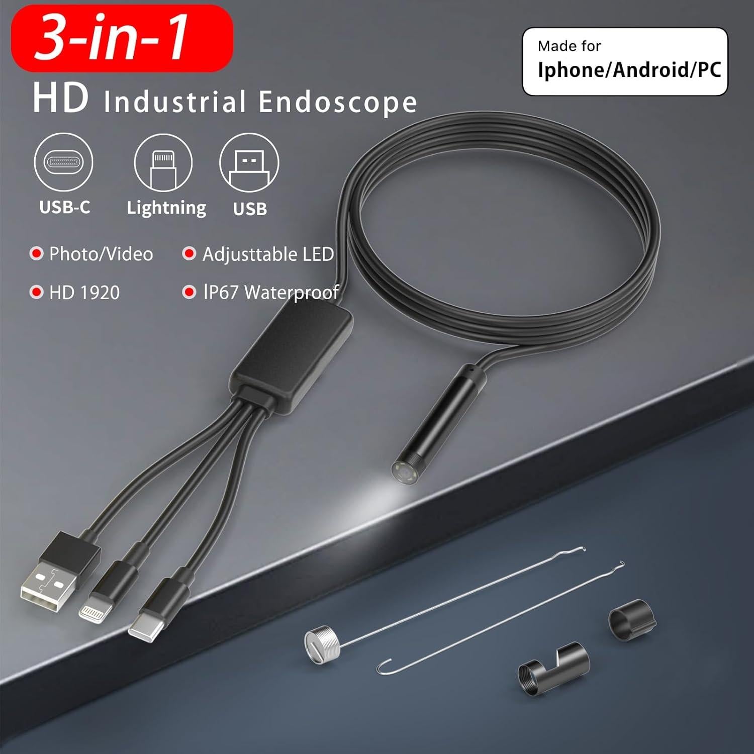 Borescopio HOERCAAL 3-en-1 USB HD 1920P 5M Impermeable