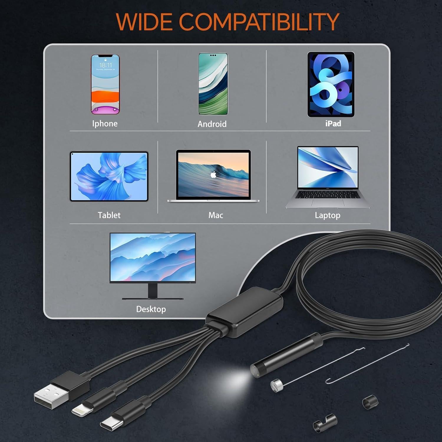 Borescopio HOERCAAL 3-en-1 USB HD 1920P 5M Impermeable