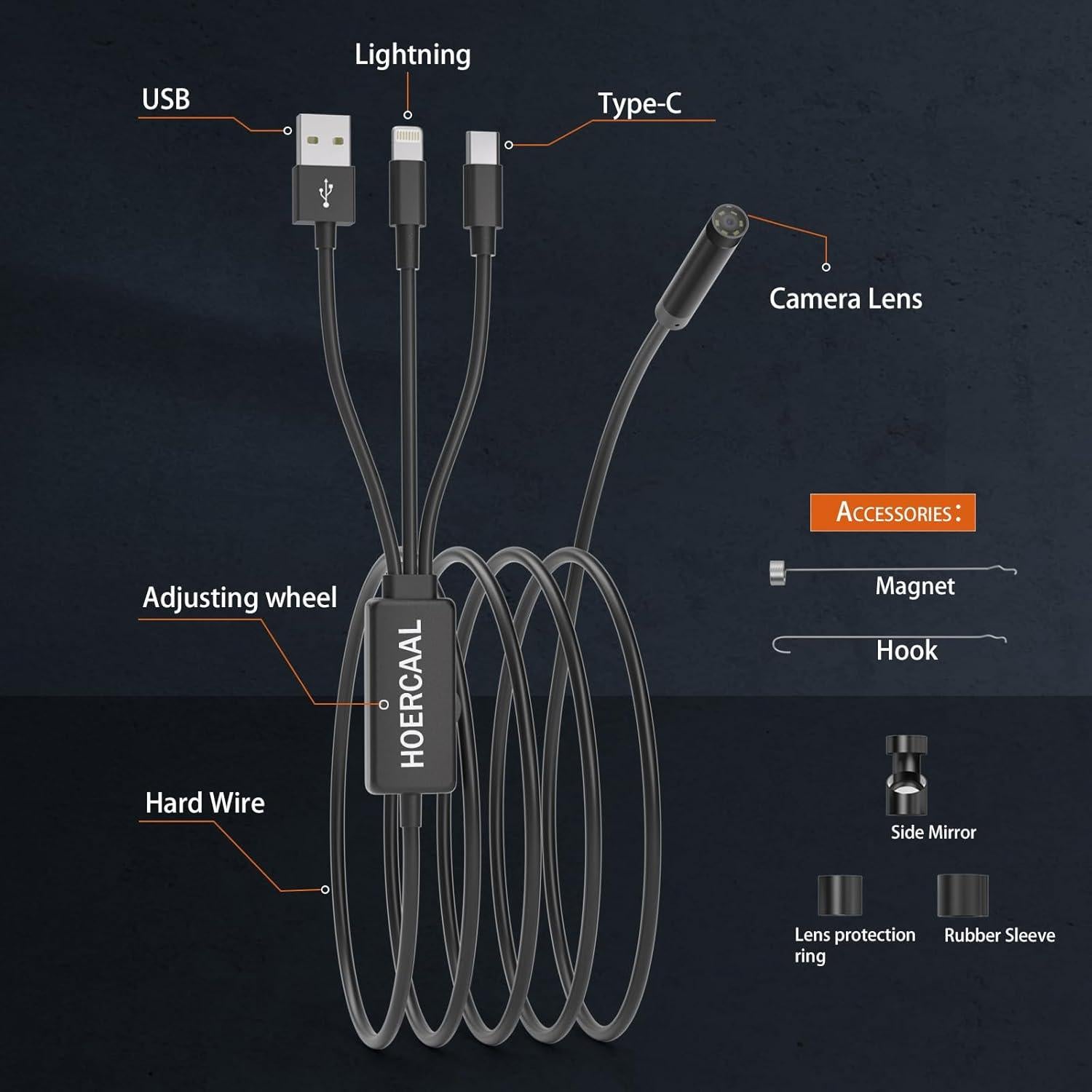 Borescopio HOERCAAL 3-en-1 USB HD 1920P 5M Impermeable