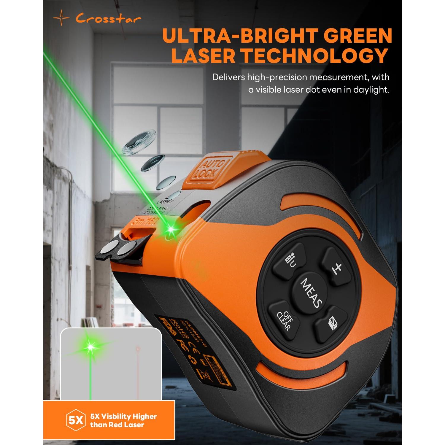 Cinta de Medir Láser 2-en-1 Crosstar 60m y Manual 5m