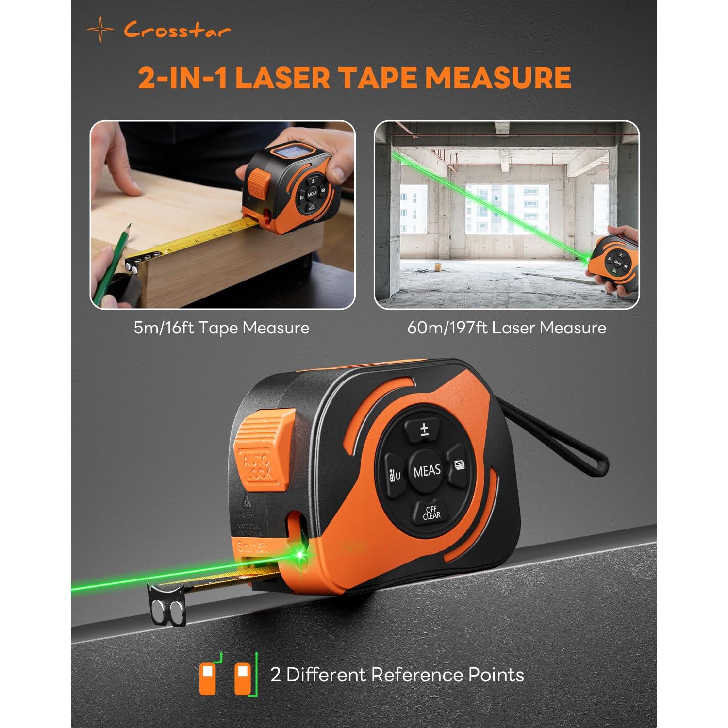 Cinta de Medir Láser 2-en-1 Crosstar 60m y Manual 5m