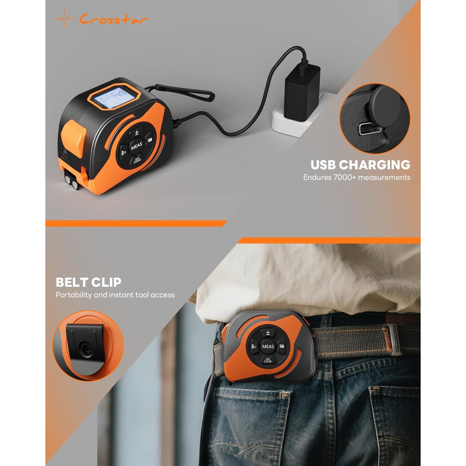 Cinta de Medir Láser 2-en-1 Crosstar 60m y Manual 5m