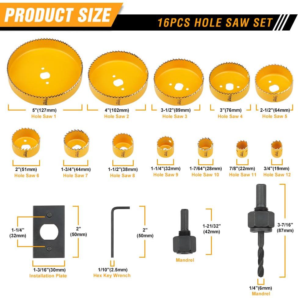 Juego de Sierras de Corona Hoteche 16 Piezas 19mm a 127mm