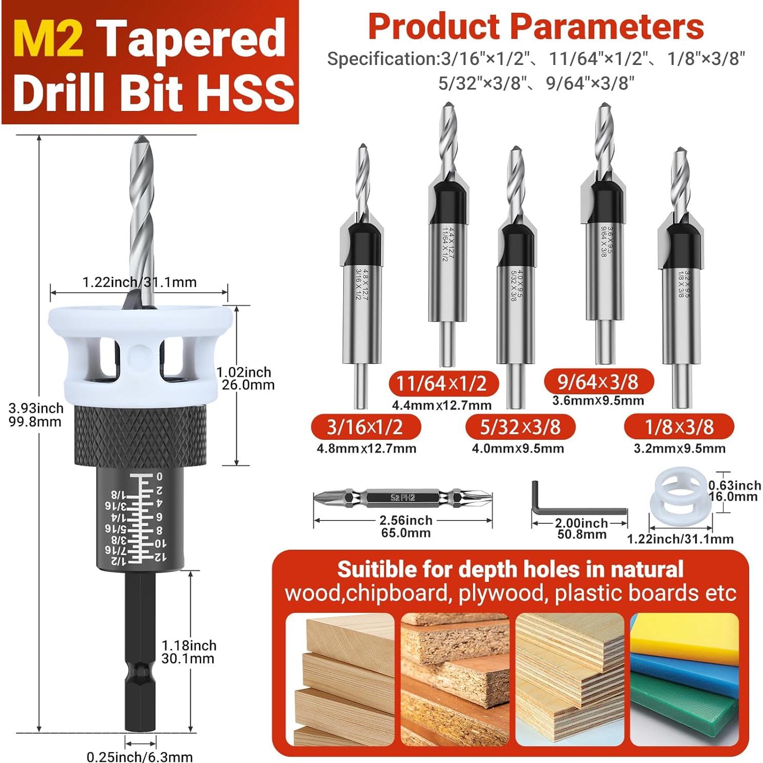 Juego de Brocas Avellanadoras Preciva HSS con Tope de Profundidad