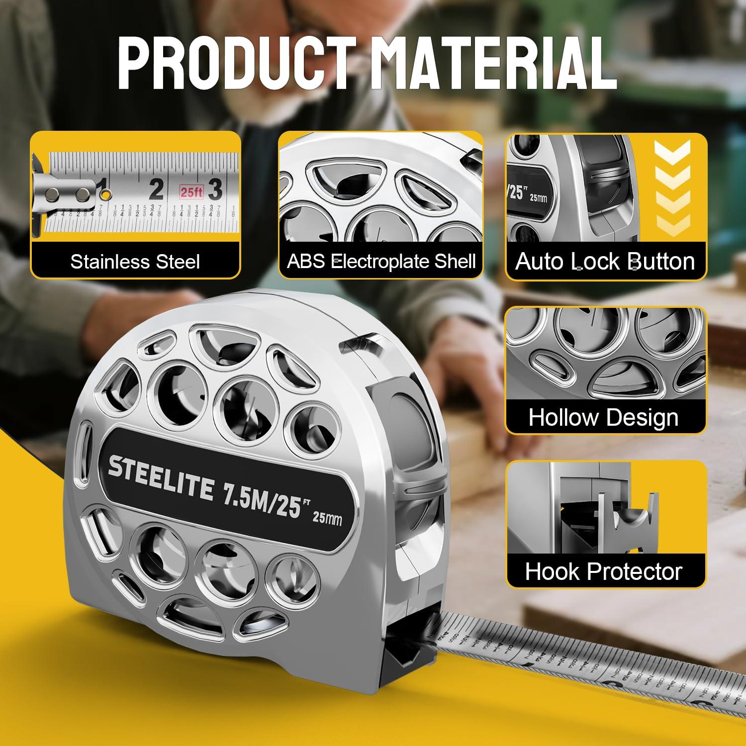 Cinta Métrica Retráctil STEELITE 7.5M Acero Inoxidable Plata