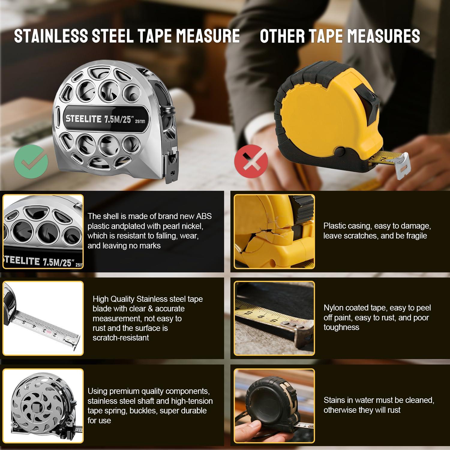 Cinta Métrica Retráctil STEELITE 7.5M Acero Inoxidable Plata