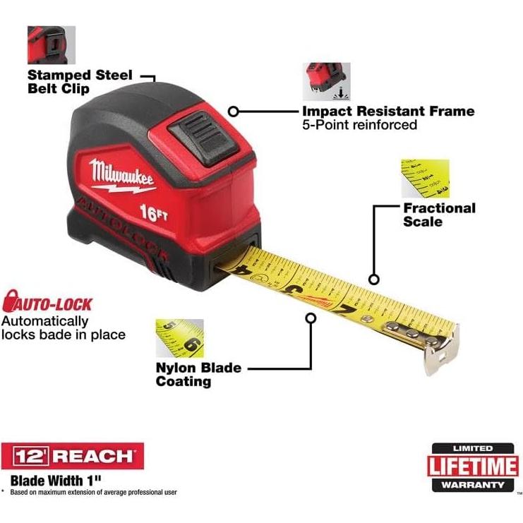 Cinta Métrica Milwaukee 4.88m con Freno Automático