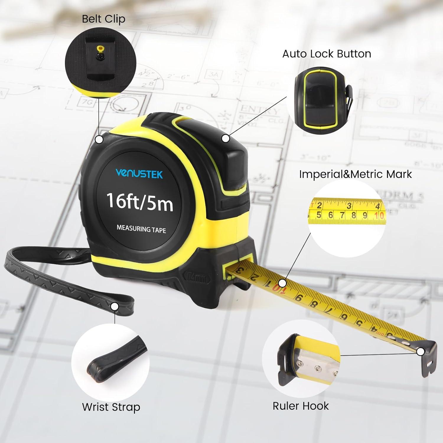 Cinta Métrica 10M VENUSTEK Profesional con Clip y Cuchilla Ancha