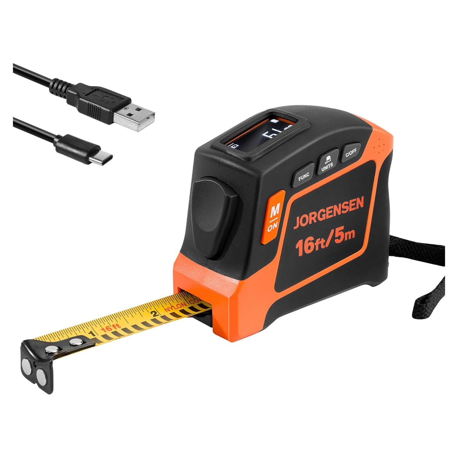 JORGENSEN Digital Tape Measure, 16Ft Rechargeable Digital Measuring Tape Ft/Ft+in/in/M/CM/MM Unit, Metric & Inches Tape Measurement Tool for Pythagorean, Area, Volume
