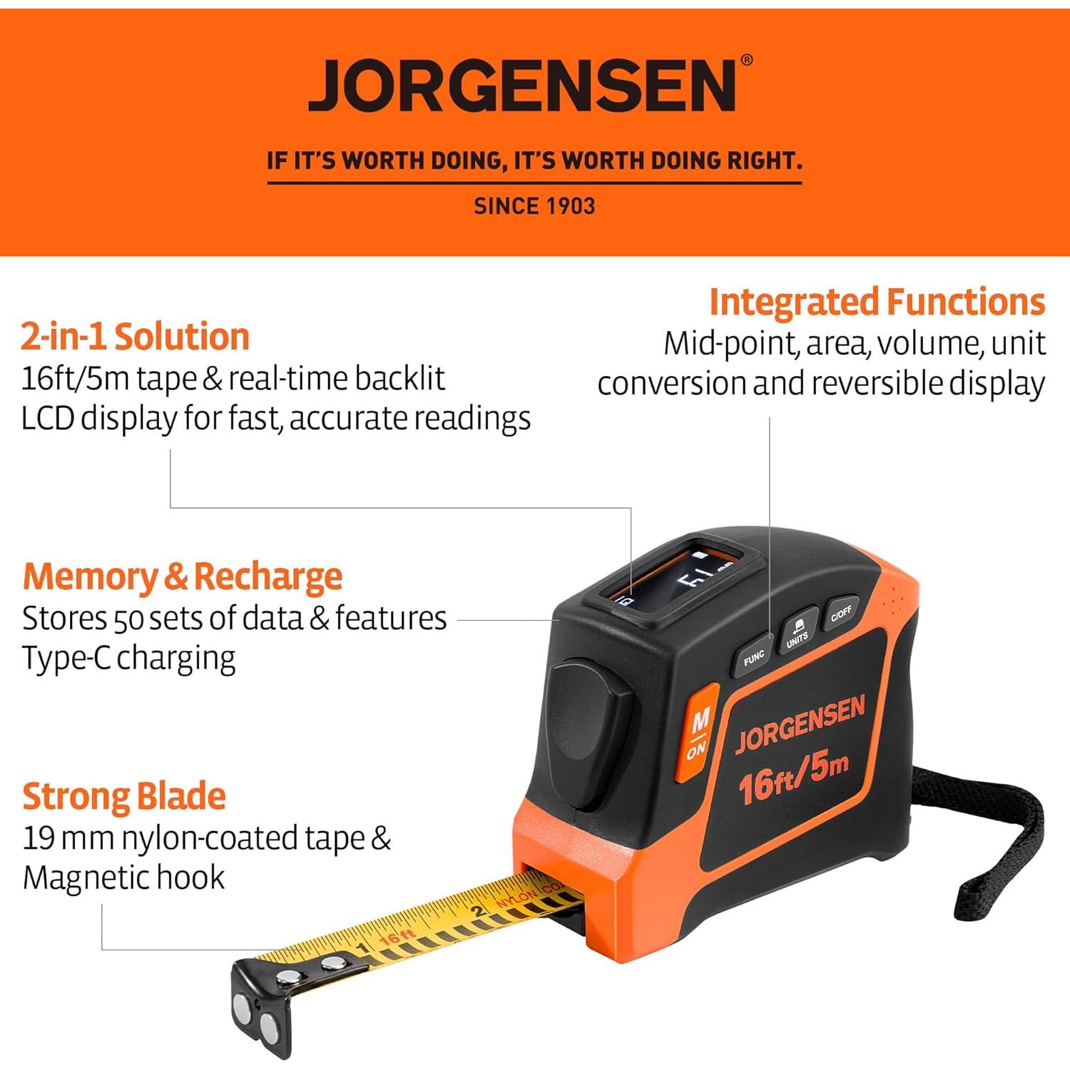 JORGENSEN Digital Tape Measure, 16Ft Rechargeable Digital Measuring Tape Ft/Ft+in/in/M/CM/MM Unit, Metric & Inches Tape Measurement Tool for Pythagorean, Area, Volume