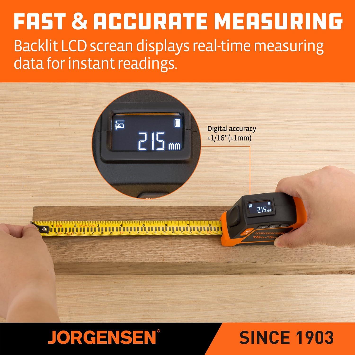 JORGENSEN Digital Tape Measure, 16Ft Rechargeable Digital Measuring Tape Ft/Ft+in/in/M/CM/MM Unit, Metric & Inches Tape Measurement Tool for Pythagorean, Area, Volume