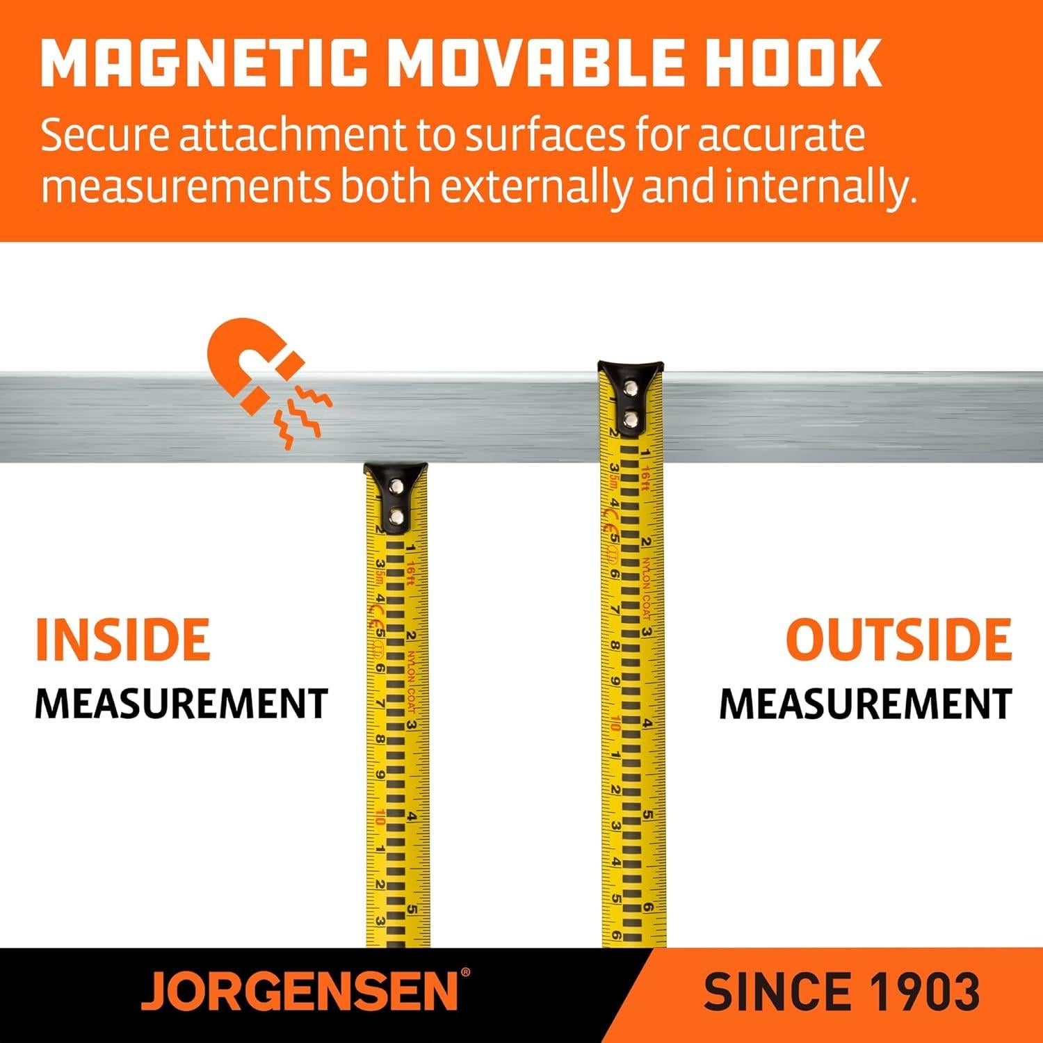 JORGENSEN Digital Tape Measure, 16Ft Rechargeable Digital Measuring Tape Ft/Ft+in/in/M/CM/MM Unit, Metric & Inches Tape Measurement Tool for Pythagorean, Area, Volume