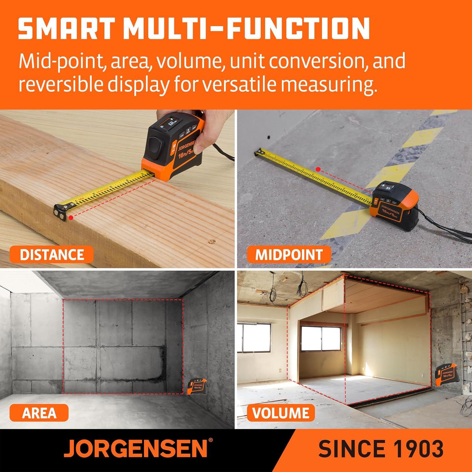 JORGENSEN Digital Tape Measure, 16Ft Rechargeable Digital Measuring Tape Ft/Ft+in/in/M/CM/MM Unit, Metric & Inches Tape Measurement Tool for Pythagorean, Area, Volume