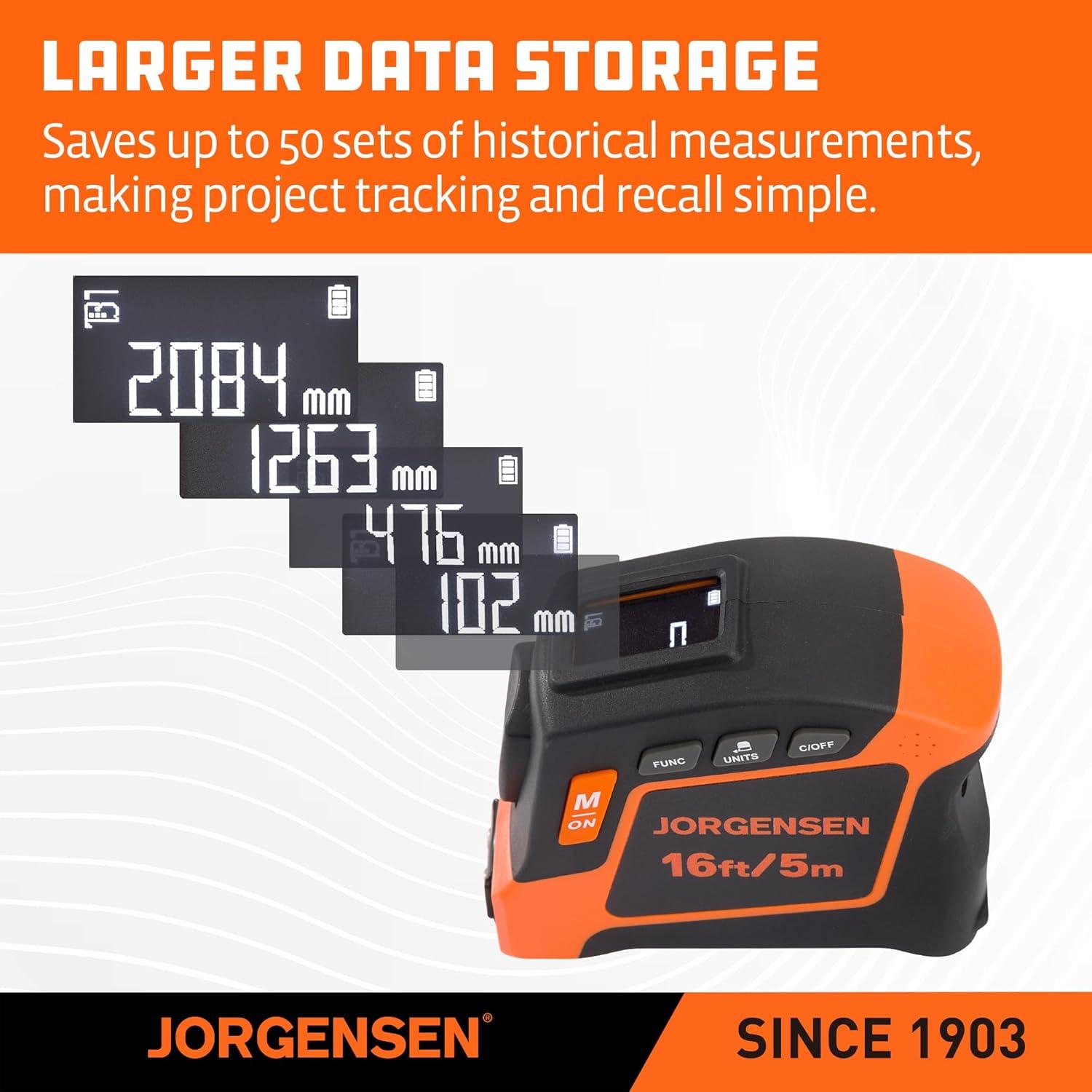 JORGENSEN Digital Tape Measure, 16Ft Rechargeable Digital Measuring Tape Ft/Ft+in/in/M/CM/MM Unit, Metric & Inches Tape Measurement Tool for Pythagorean, Area, Volume