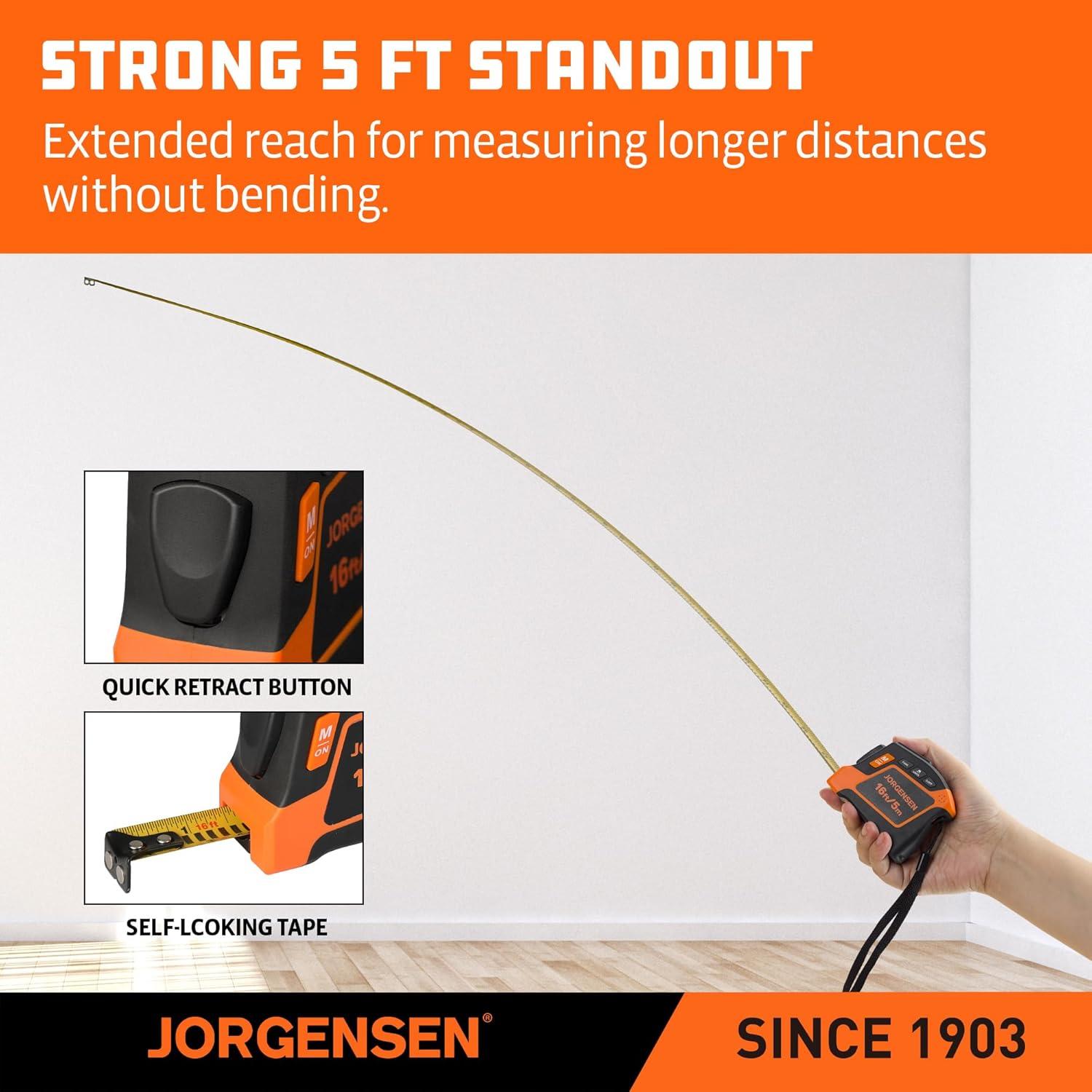 JORGENSEN Digital Tape Measure, 16Ft Rechargeable Digital Measuring Tape Ft/Ft+in/in/M/CM/MM Unit, Metric & Inches Tape Measurement Tool for Pythagorean, Area, Volume