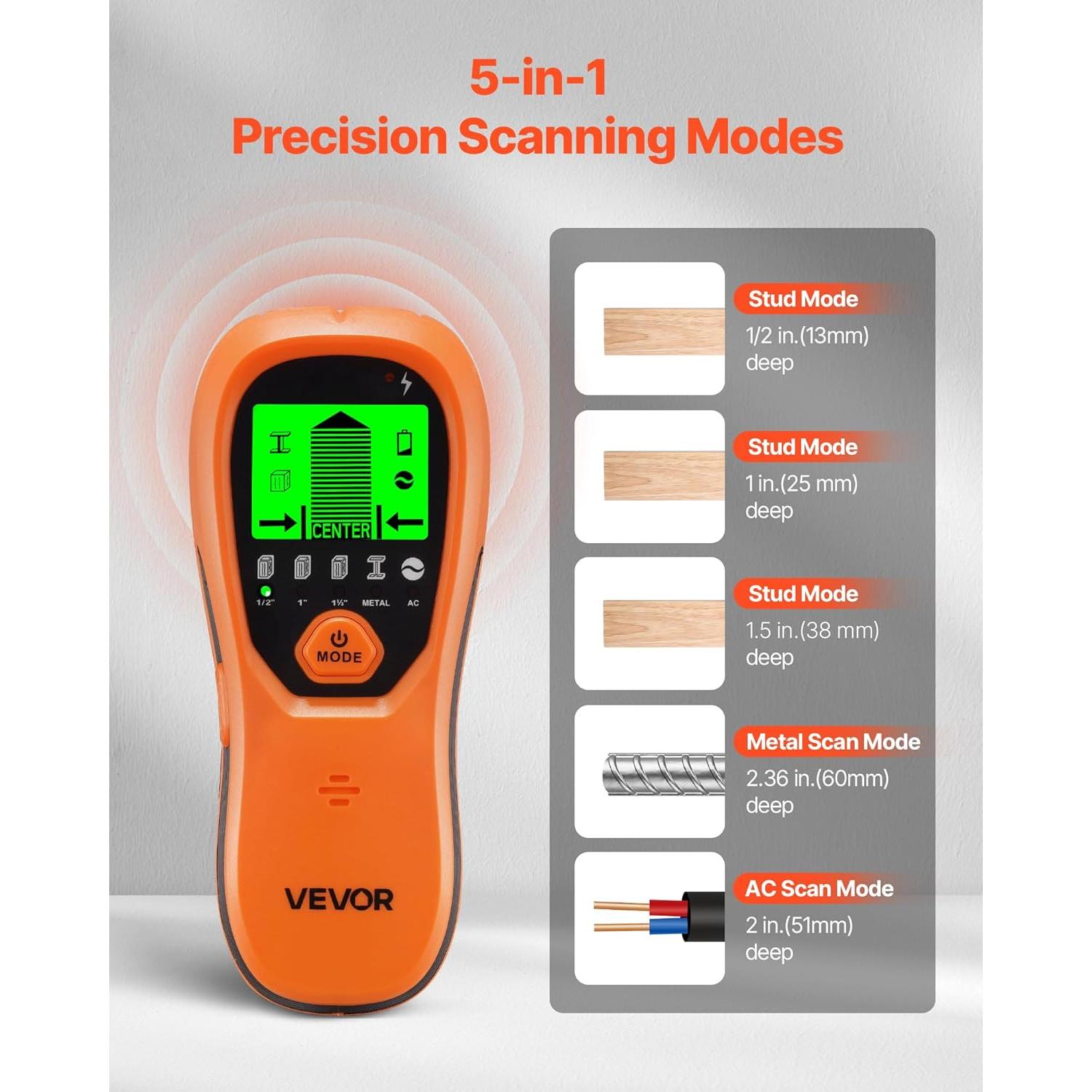 Buscador de Vigas VEVOR HT580-O, Detector 5 en 1 con Pantalla LCD