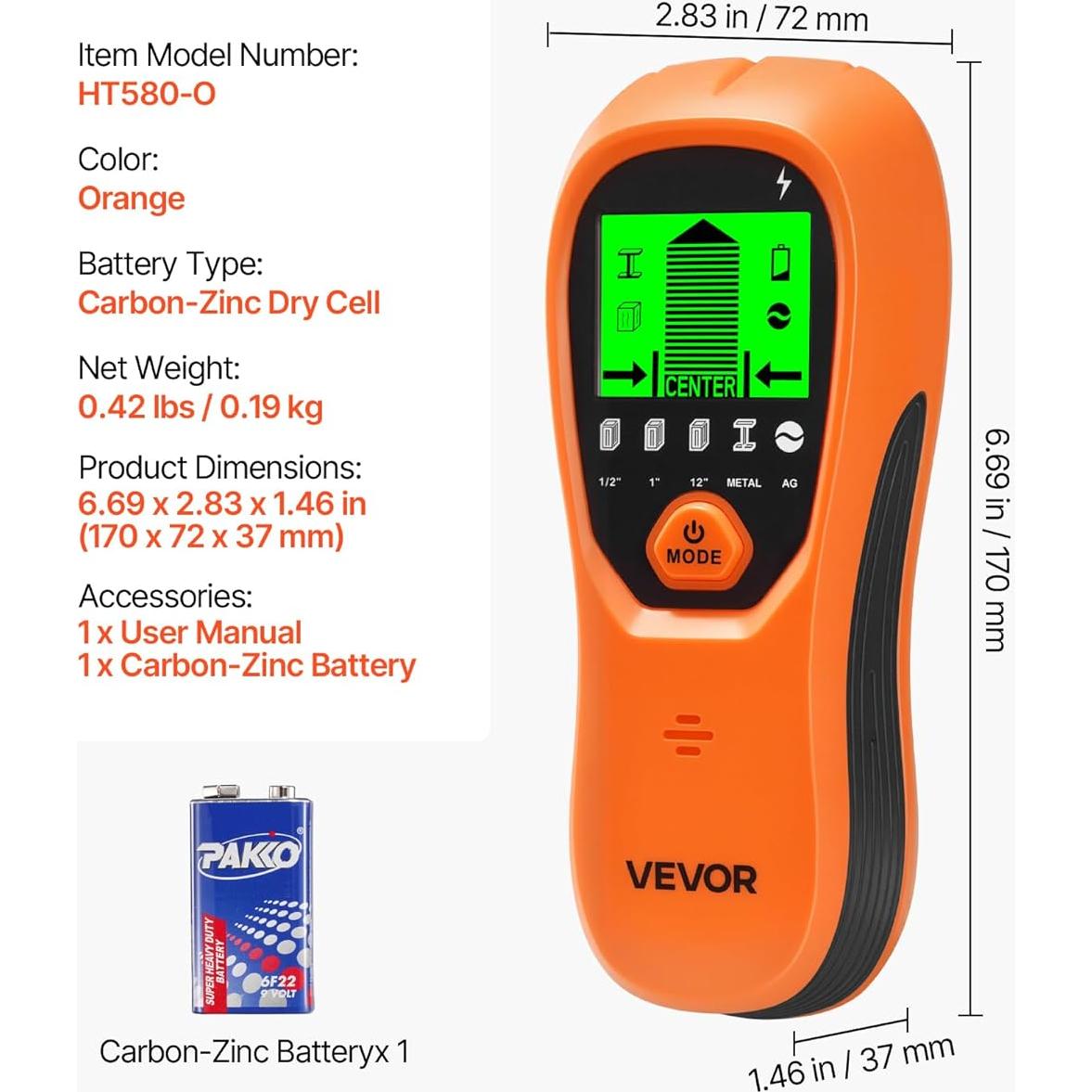 Buscador de Vigas VEVOR HT580-O, Detector 5 en 1 con Pantalla LCD
