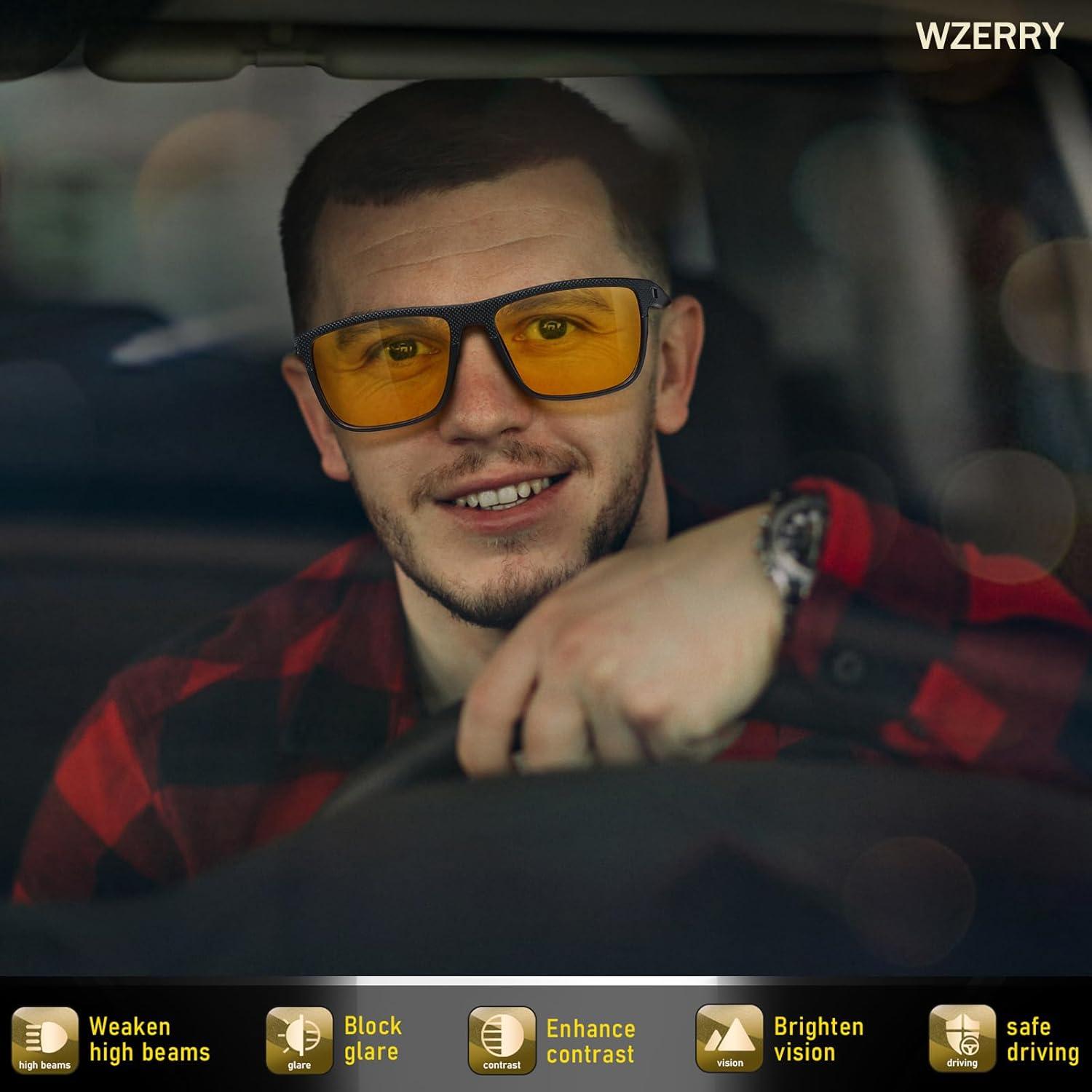 Gafas de Visión Nocturna WZERRY para Hombres - Lentes Amarillos Antirreflejo