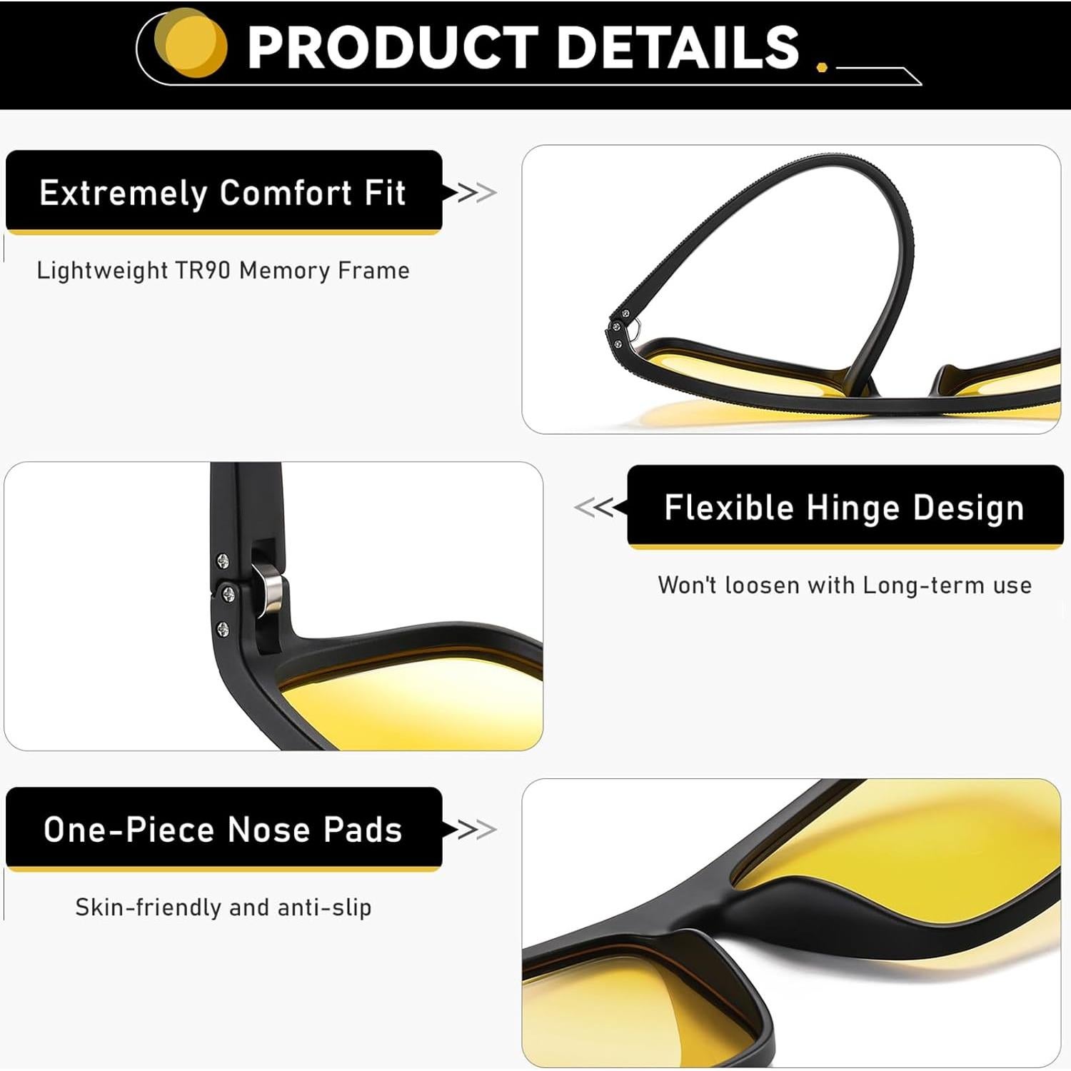 Gafas de Visión Nocturna WZERRY para Hombres - Lentes Amarillos Antirreflejo