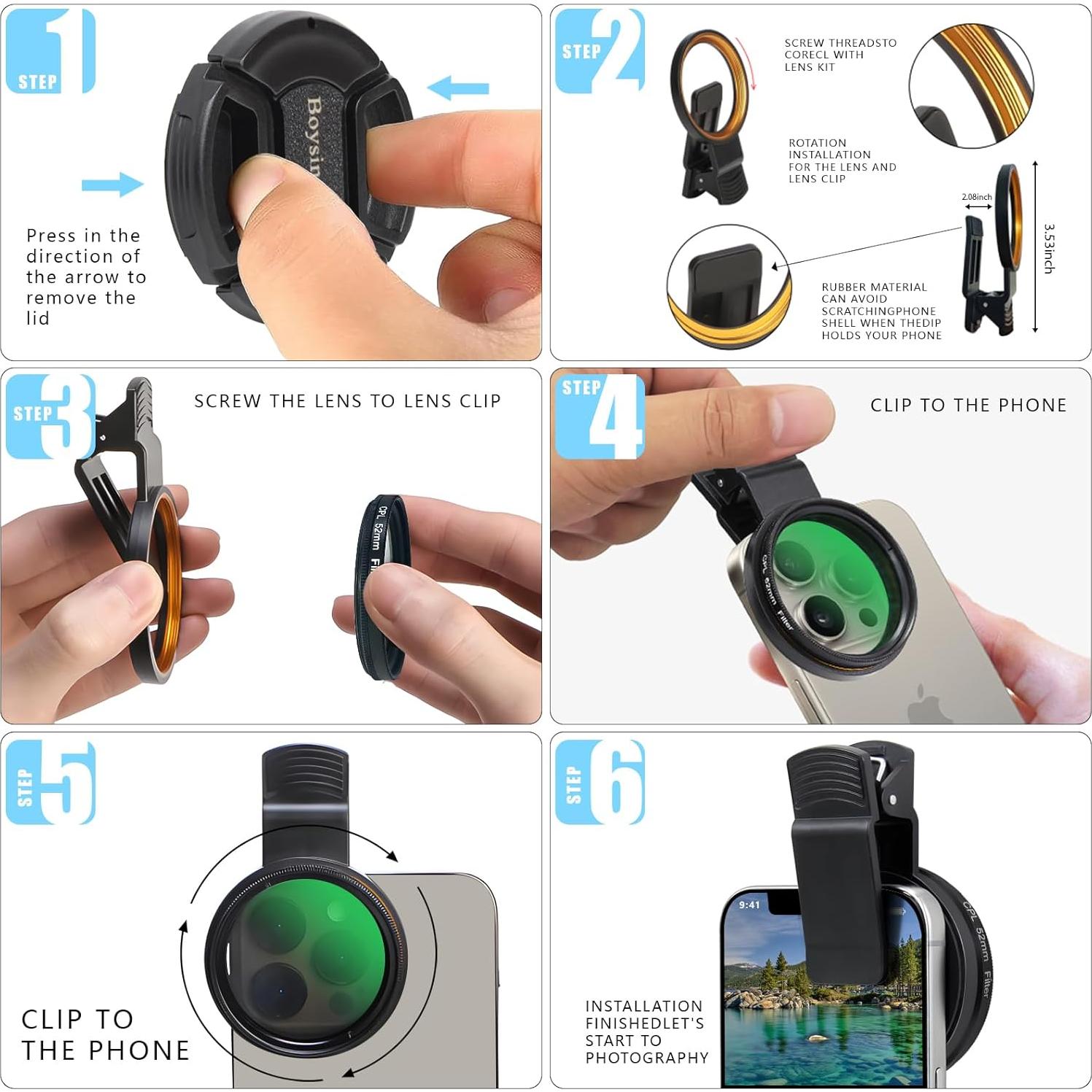 Filtro CPL 52mm Boysinglens - Polarizador Circular para Smartphone