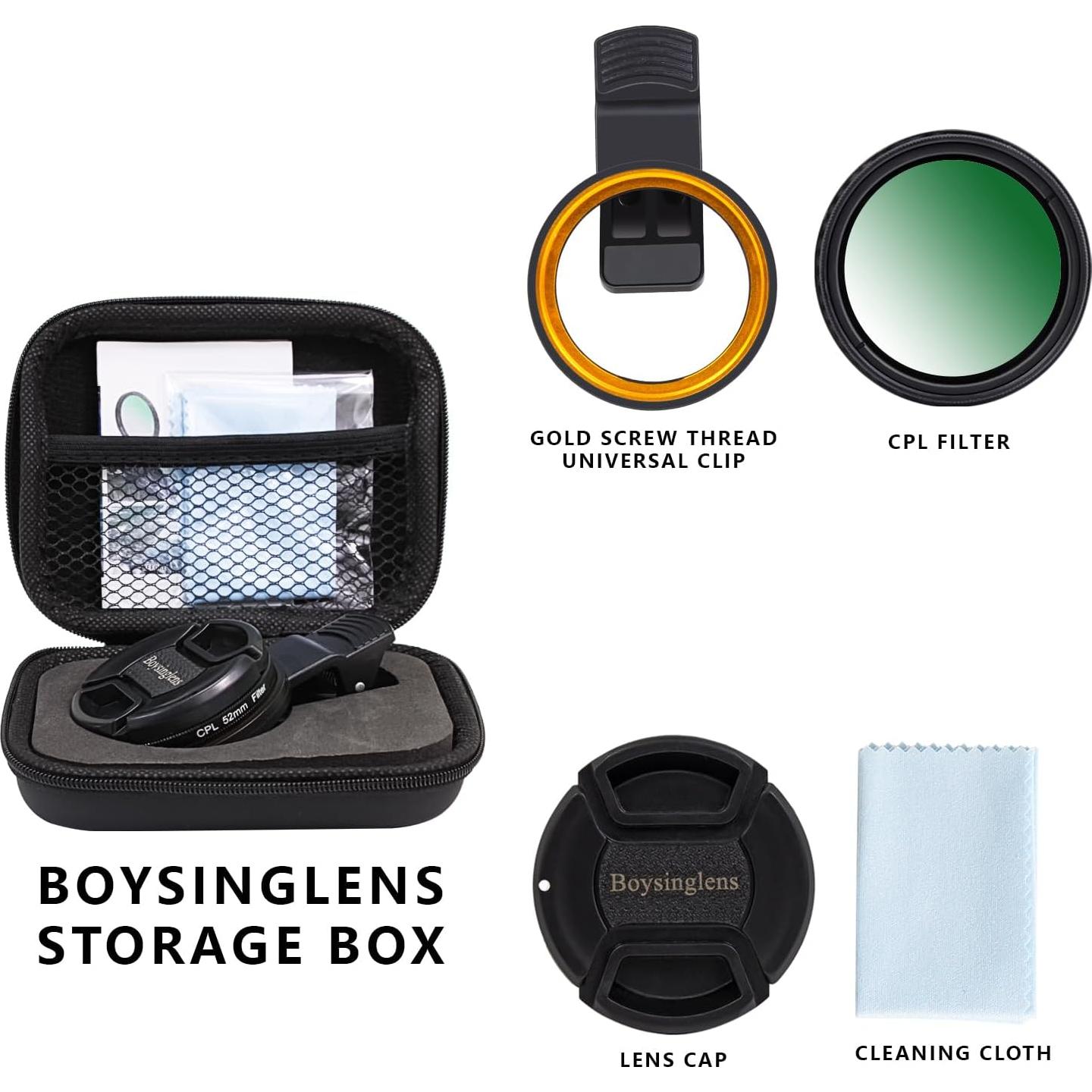 Filtro CPL 52mm Boysinglens - Polarizador Circular para Smartphone