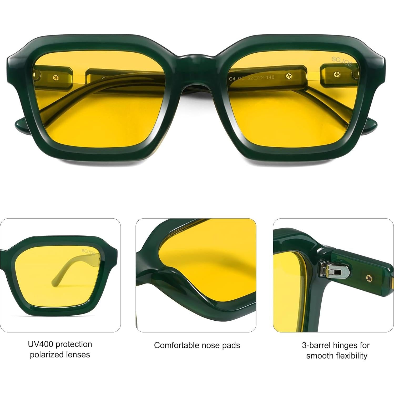 Gafas de Sol Polarizadas SOJOS Retro Cuadradas UV400 Verde