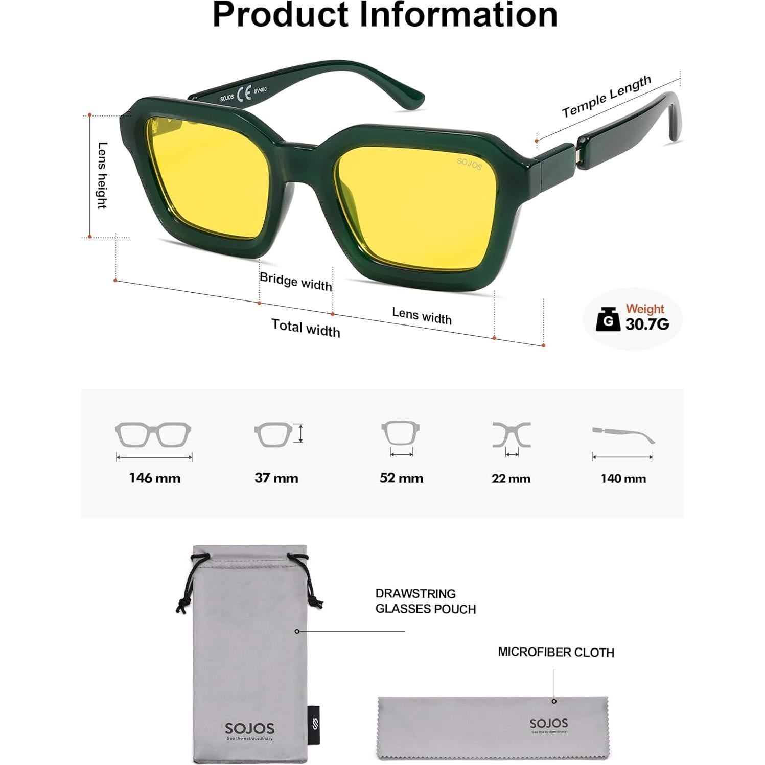 Gafas de Sol Polarizadas SOJOS Retro Cuadradas UV400 Verde