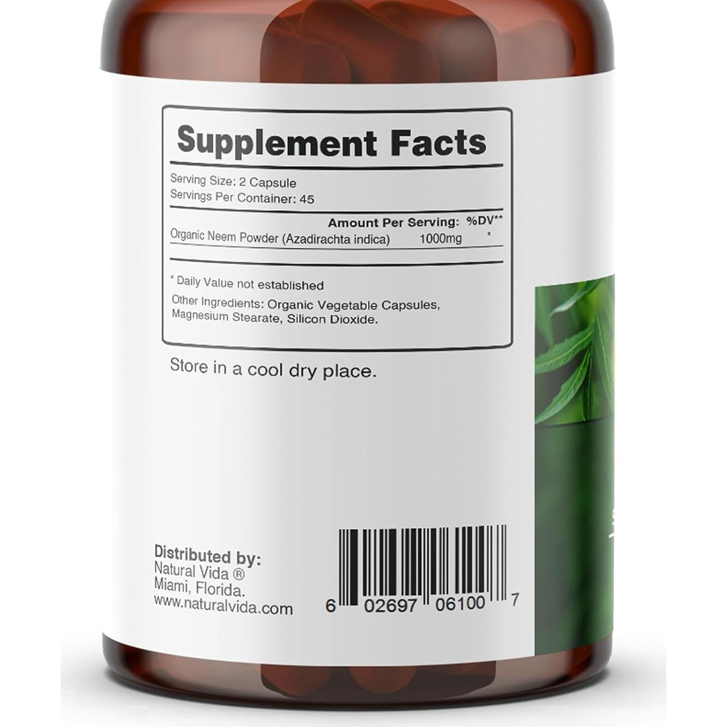 Suplemento Herbal de Neem 1000mg - Natural Vida - 90 Cápsulas Veganas