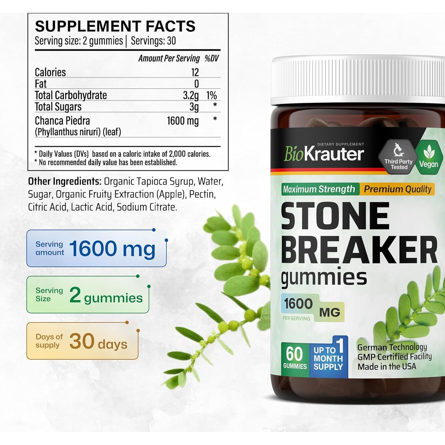 Gomas Veganas BioKrauter Chanca Piedra 1600 mg - 60 Unidades