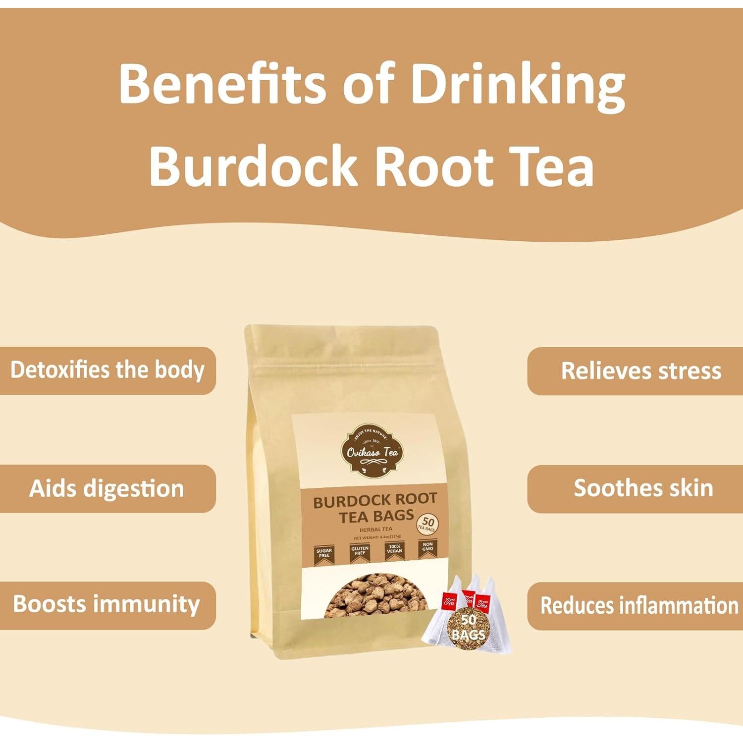 Té Ovikaso Raíz de Bardana 50 Bolsitas Pirámide 2.5g